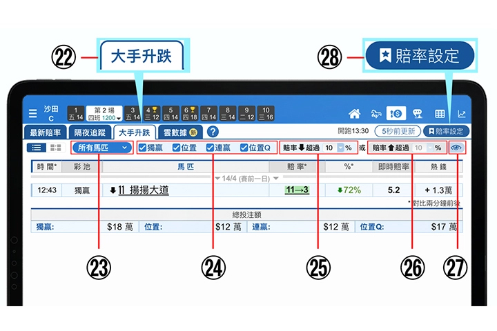 使用手冊第三章【賠率走勢】簡易版功能22-28說明 
